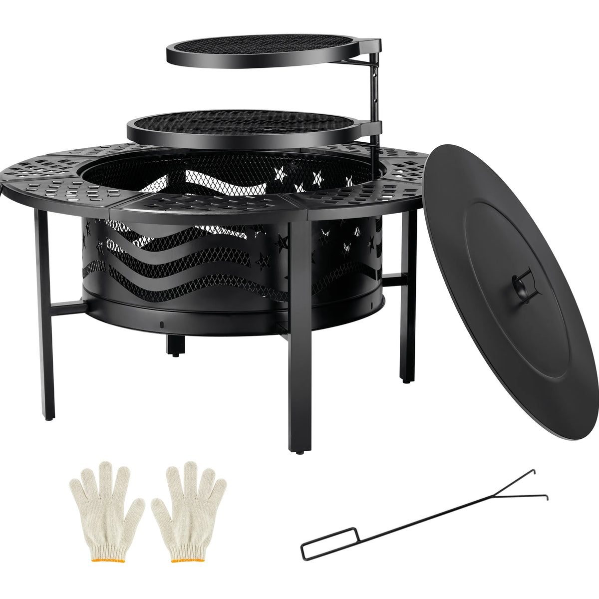 TrumanPick Fire Pit for Outside 42" Wood Burning Fire Pit Tables with 2 Adjustable Swivel BBQ Grills, Lid, Poker for Patio Backyard BBQ Ice Storage