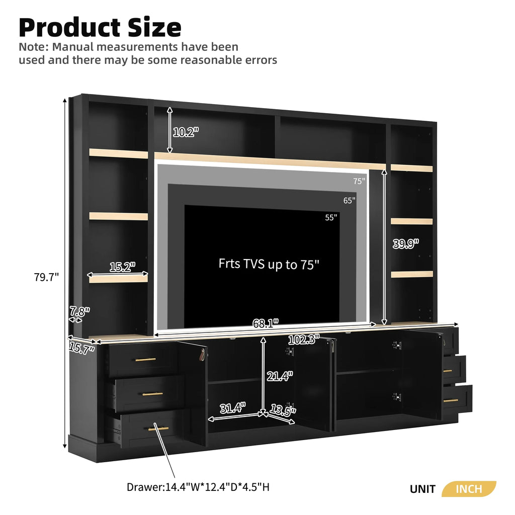 Euroco 102.3"W Farmhouse 4-Piece Entertainment Center Wall Unit with Adjustable Shelf, Modern Large TV Stand with Bookshelves