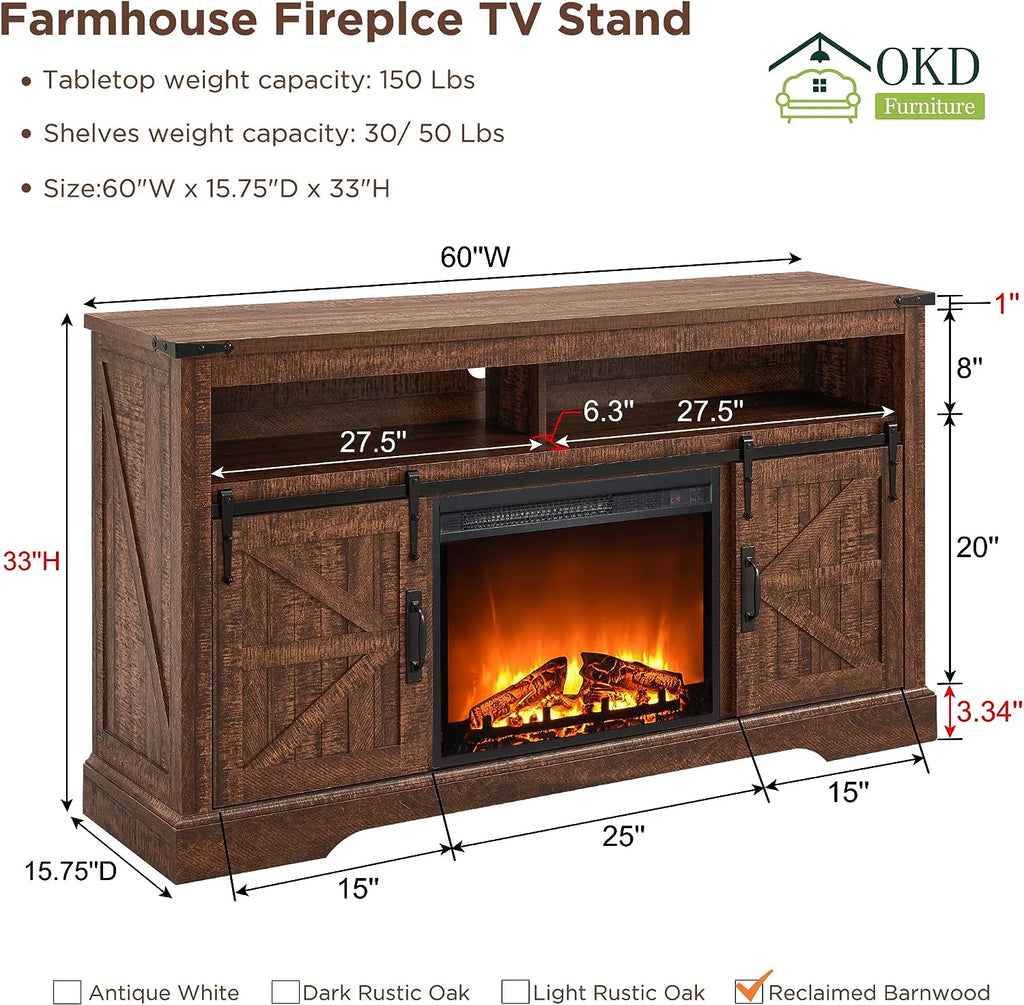 OKD Farmhouse Fireplace TV Stand up to 70", Entertainment Center with 23" Fireplace & Open Storage Shelves for Living Room, Antique White