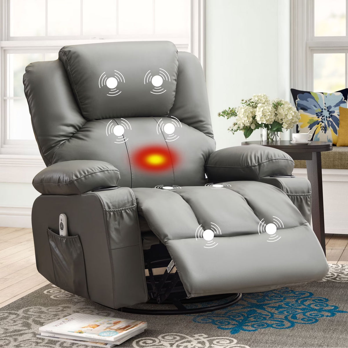 JONPONY Manual Recliner Chair with Heat Therapy and Massage Function, Heavy Duty Reclining Mechanism Massage Chair, Elderly Single Rocker Sofa with Cup Holders for Bedroom Home Theater,Black