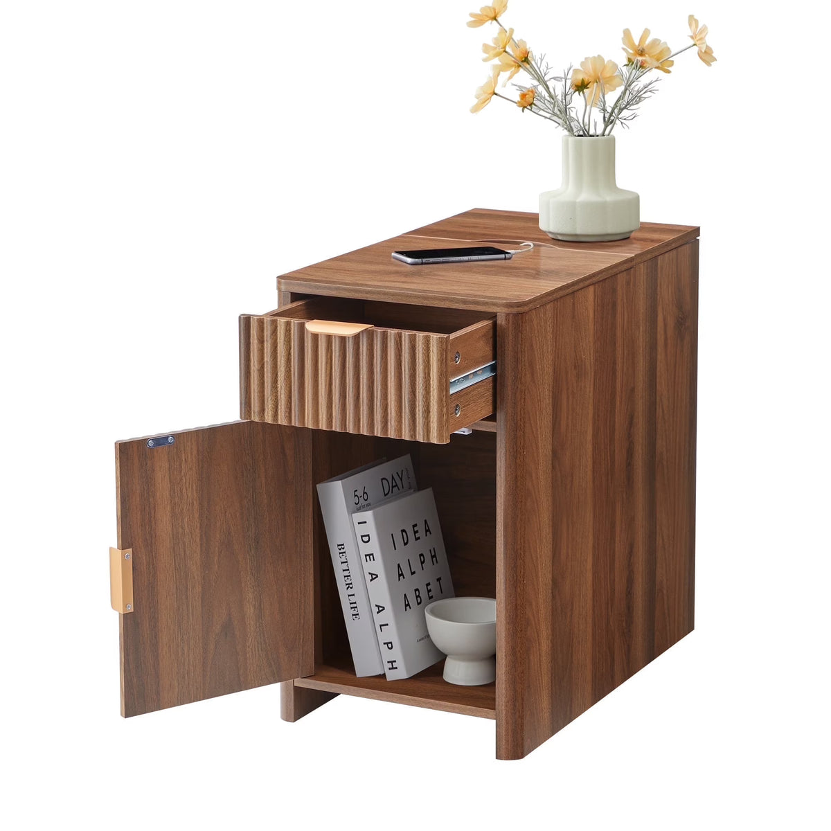 YOCWO Fluted Nightstand for Bedroom Set of 2 , Wood Bedside Table Set of 2 with Drawers, Black