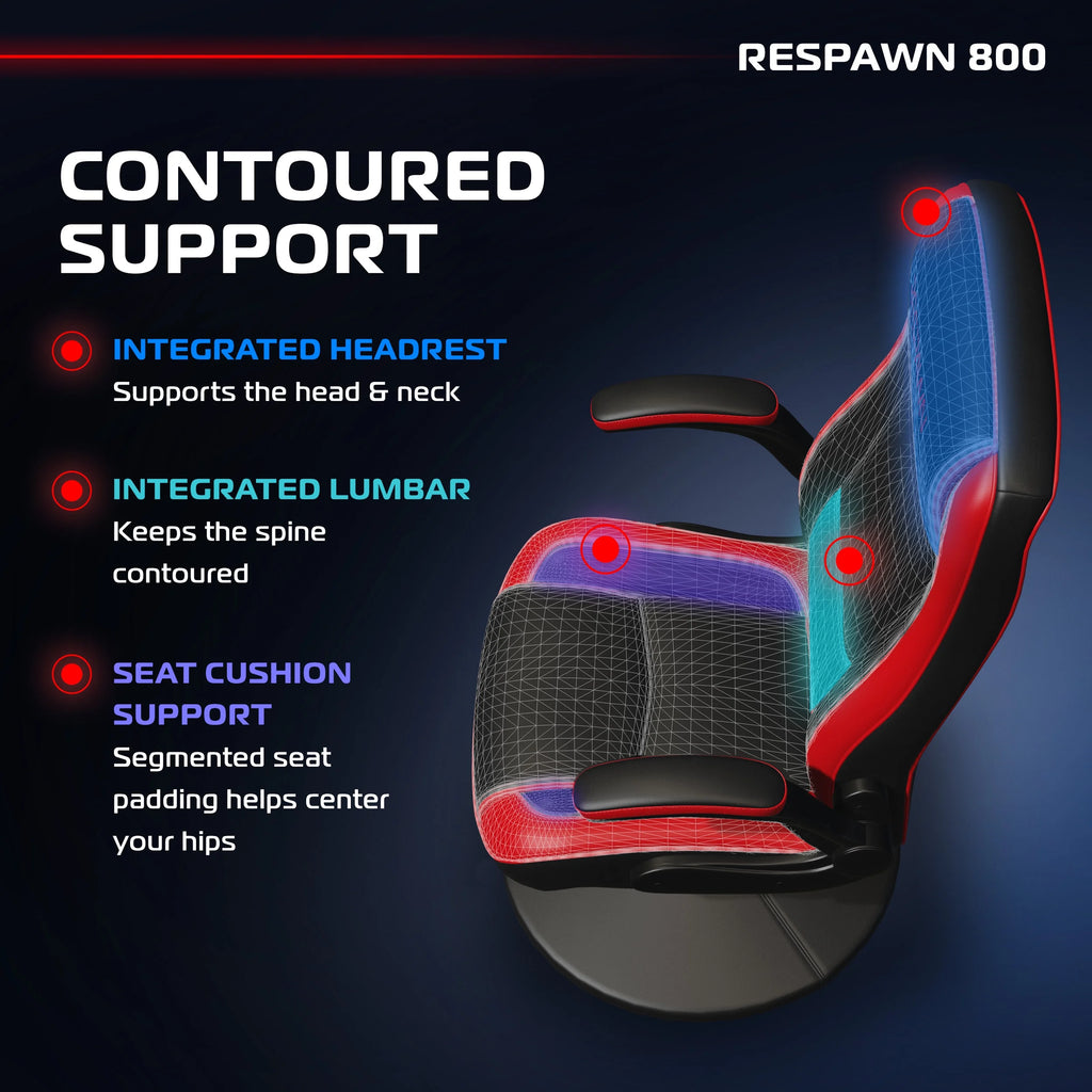 RESPAWN 800 Swivel Rocker Gaming Chair - Ergonomic Floor Gaming Seat with Lumbar Support, Flip Up Armrest, High Back, Pedestal Base, Comfortable No Wheels Console Video Game Rocker Chair - Red