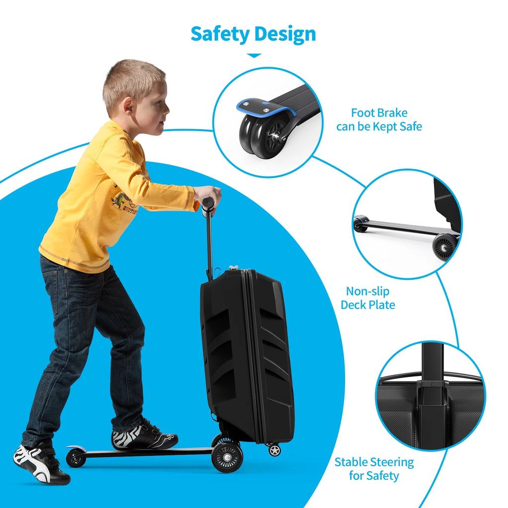 TABU Scooter Luggage for Kids & Adults, Carry on Luggage with Wheels for Kids Ages 6-15,Blue