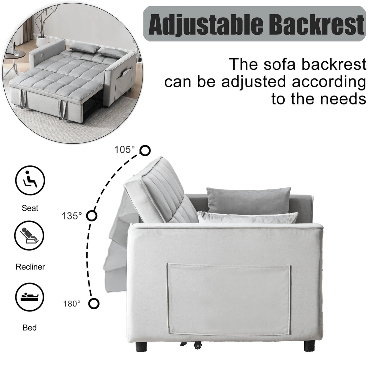 BINBANK Black Velvet 3-in-1 Convertible Sleeper Sofa Bed a?? USB Charging, Adjustable Backrest Pull-Out Futon Loveseat Couch for Living Room, Apartment & Small Space