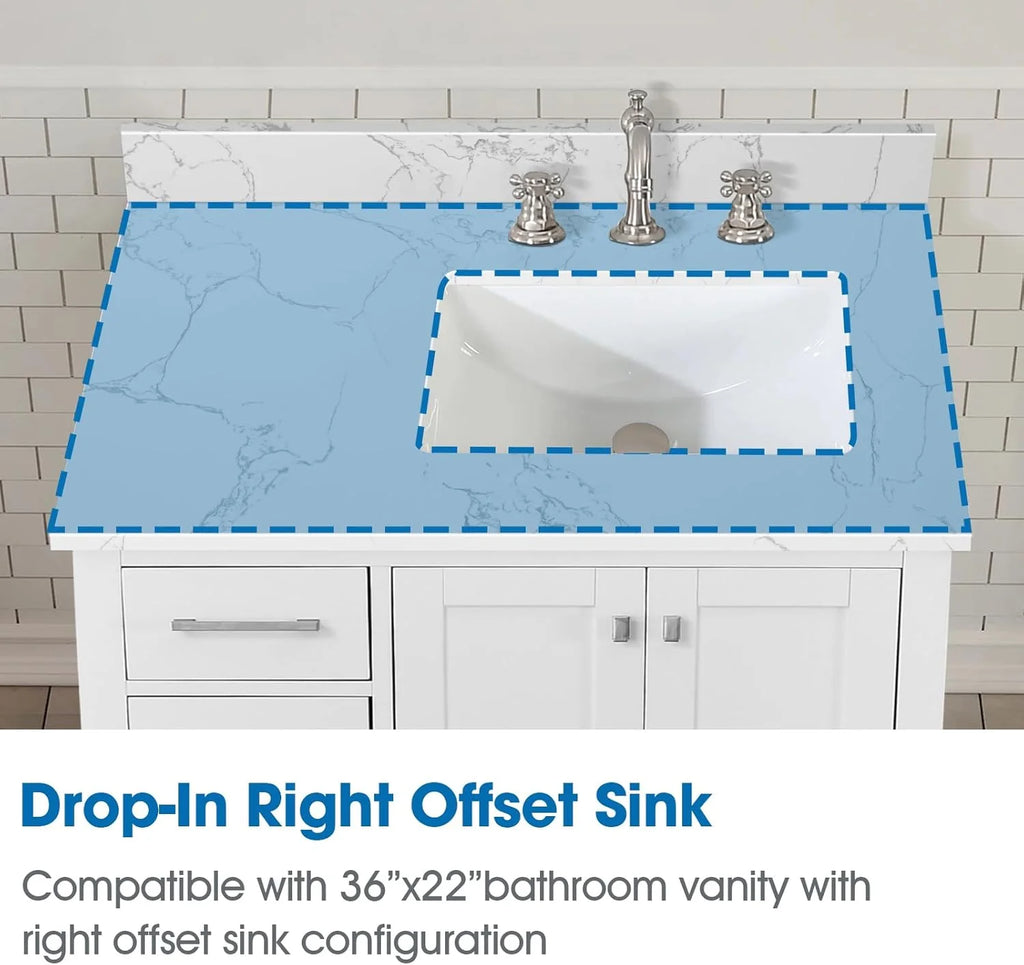 36x22 Engineered Stone Vanity Sink Top, White Bathroom Countertop with Undermount Left Sink, Vanity Top with 8 inch 3 Faucet Hole Spacing and Backsplash