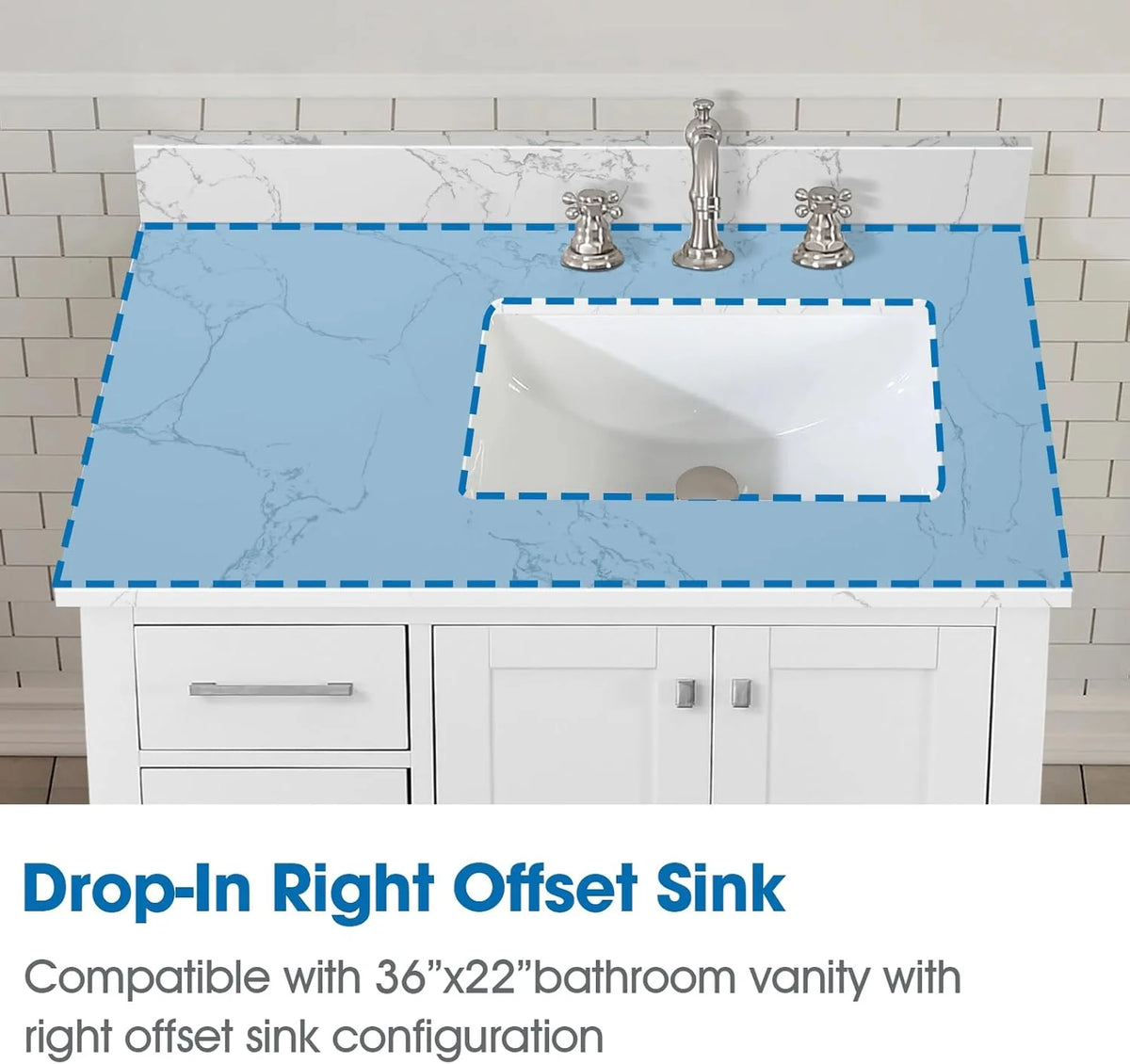 36x22 Engineered Stone Vanity Sink Top, White Bathroom Countertop with Undermount Left Sink, Vanity Top with 8 inch 3 Faucet Hole Spacing and Backsplash