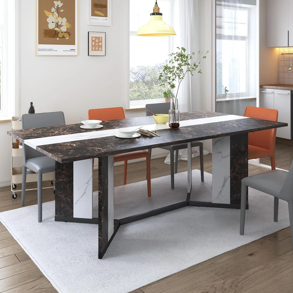 71 inch Large Rectangular Dining Table for 6-8 People, Dining Table with Marble-Color Wood Waterproof Tabletop and Adjustable Leg, 6ft Luxurious Family Dinner Table for Office Kitchen Living Room